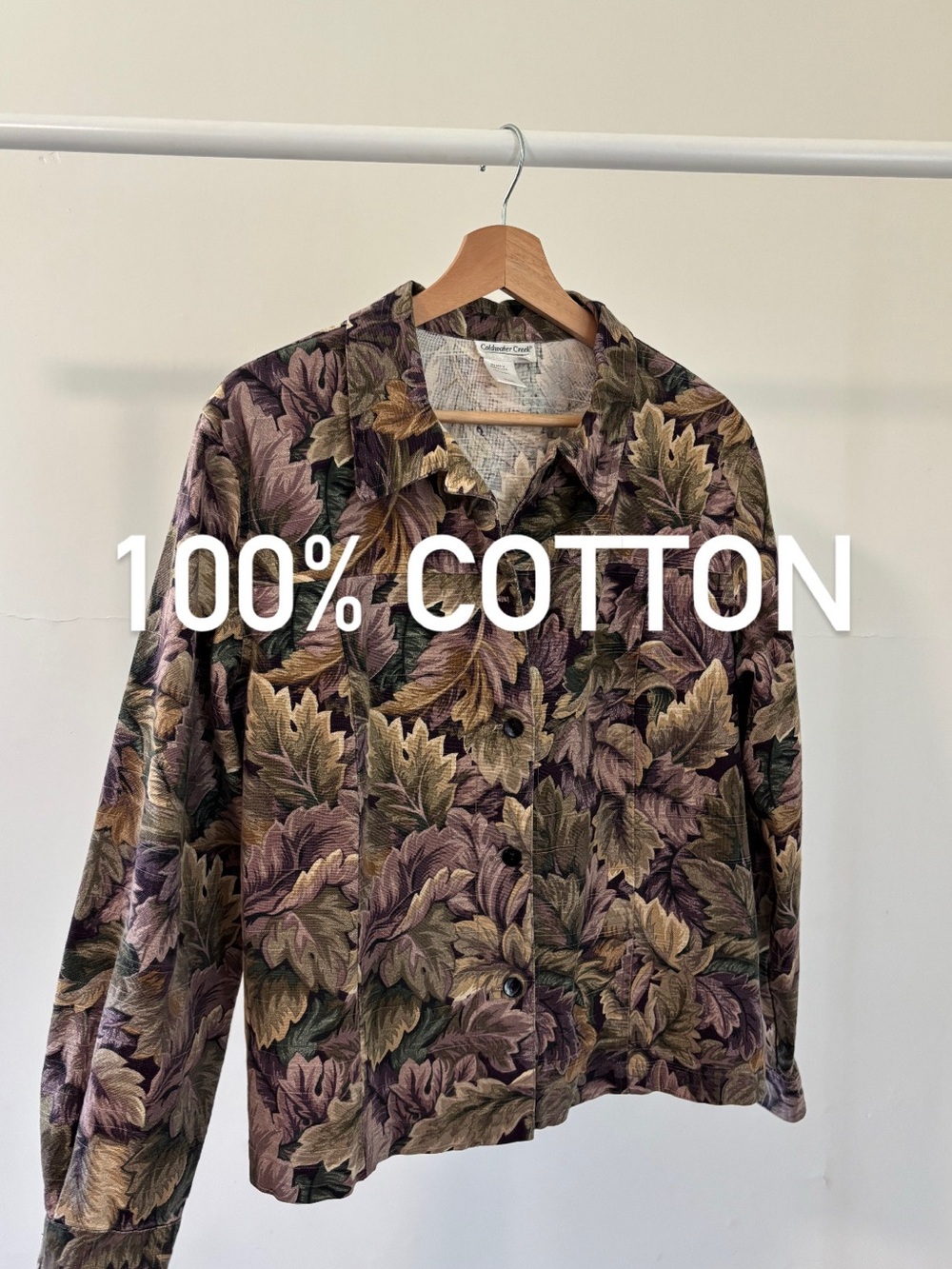 Coldwater Creek Leaf-Print Button Jacket | 100% Cotton | Purple & Tan | size L